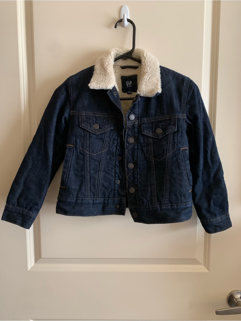 GAP Kids Dark Blue Denim Jacket with Cream Sherpa Collar
